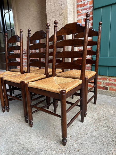 Vintage English Dining Chairs Set 6 Oak Ladder Back Rush Seat Woven