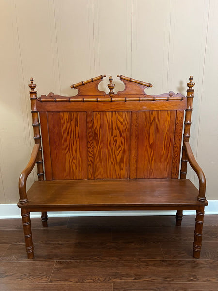 Antique English Faux Bamboo Pine Hall Bench Victorian High Back Settle c1890