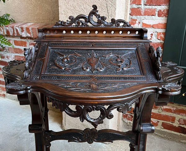 Antique French Writing Desk Secretary Black Forest Carved Oak Renaissance c1890