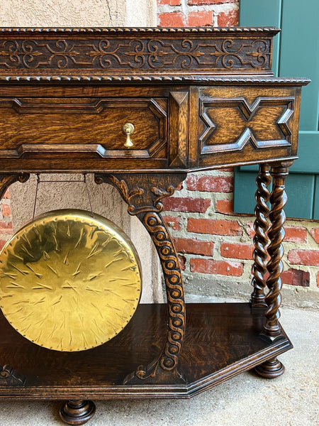 Antique English Console Hall Table Jacobean Carved Oak Barley Twist Gong c1880