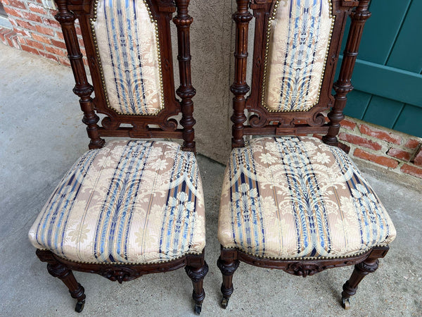 Pair Antique French Dining Chairs Renaissance Carved Oak Black Forest c1880
