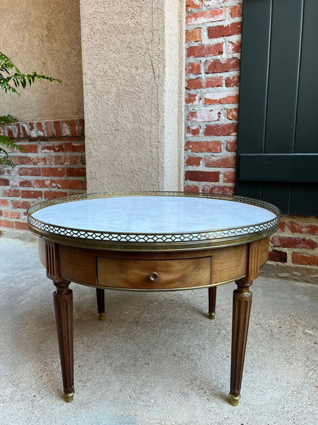 Antique French Round Bouillotte Side Table White Marble Louis XVI Style Gueridon