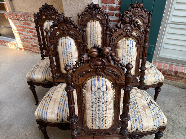 Set 6 Antique French Dining Chairs Renaissance Carved Oak Black Forest c1880