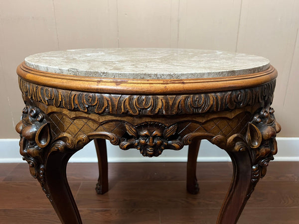 Antique French Renaissance Revival Center Table Round Marble Carved Walnut c1900