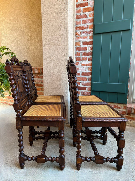 Set 4 Antique French Dining Chairs Barley Twist Cane Seat Carved Oak c1920