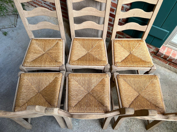 Set 6 Vintage French Ladder Back Dining Chairs Rush Seat Bleached Oak Farmhouse