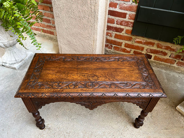 Antique French Bench Stool Gothic Renaissance Coffee Table Carved Oak c1890