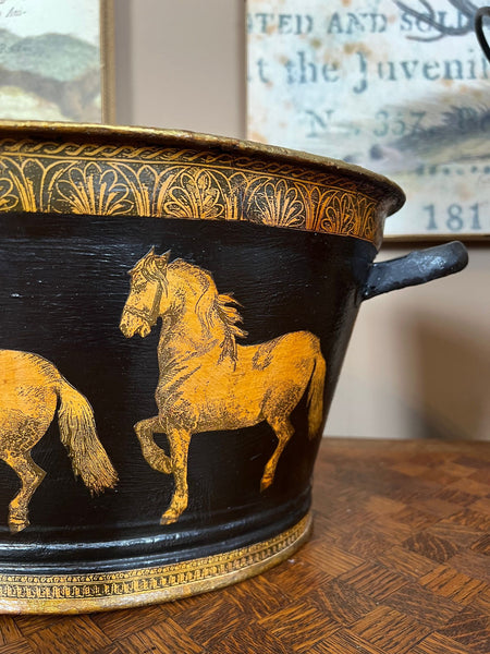 Antique English Planter Jardiniere Horse Equine Black Decoupage Tole Metal c1900