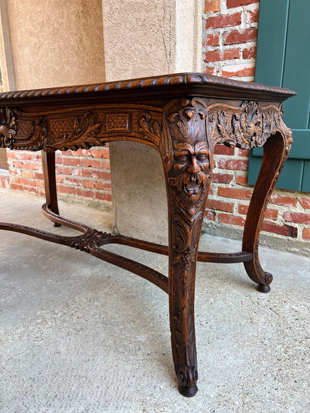 Antique French Center Library Table Louis XV Carved Oak Rococo Parquetry c1890
