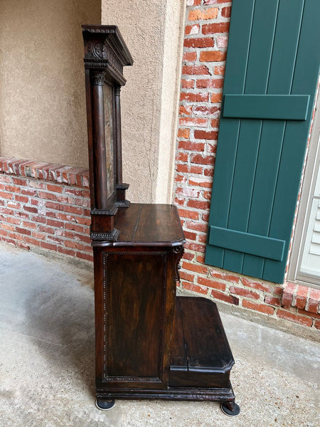 Antique French Gothic Devotional Cabinet Religious Painting Carved Oak Kneeler