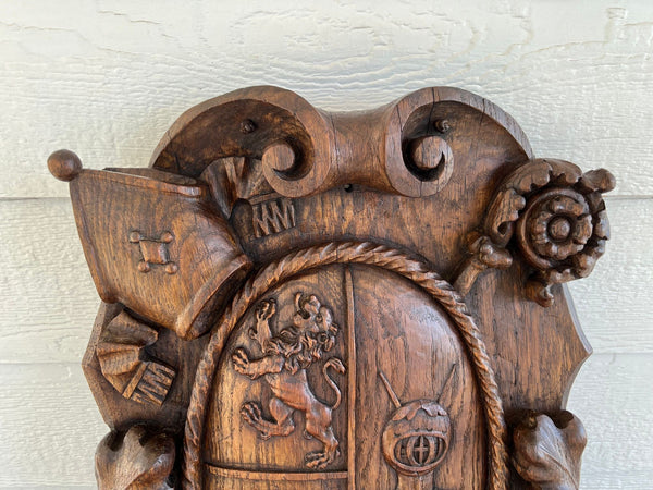 Antique French Gothic Wall Plaque Coat of Arms Carved Oak Renaissance c1890