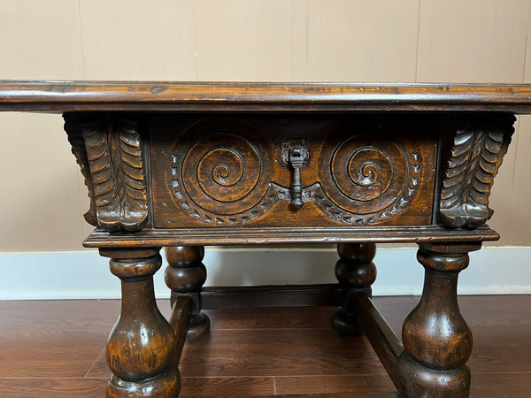Antique English Side End Table Small Square Carved Oak Jacobean Revival c1910