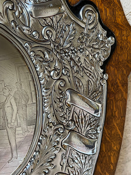 Antique English Dart Game Trophy Award Shield Oak Plaque Silver Plate c1909