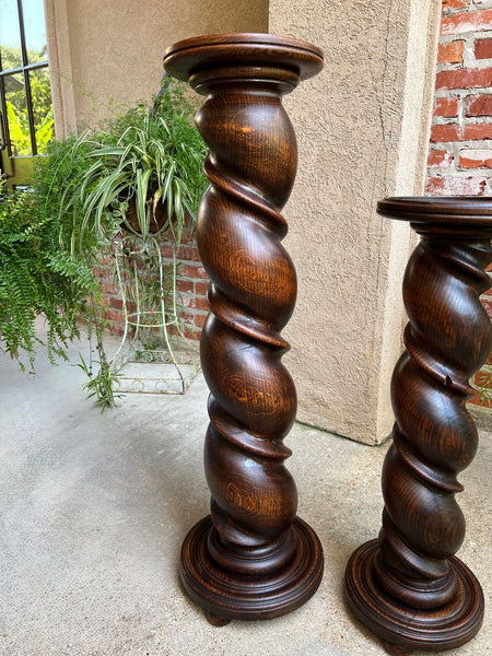 PAIR Set of 2 Antique French Pedestal Stand BARLEY TWIST Oak LARGE Plant Columns