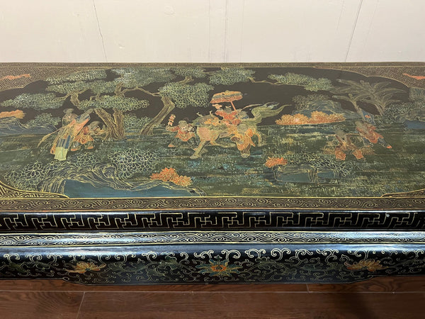 Vintage Chinese Console Table Black Lacquer Chinoiserie Gilt Hand Painted c1950
