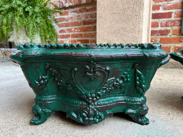PAIR Antique French Cast Iron Jardiniere Large Footed Cache Pot Planter c1880