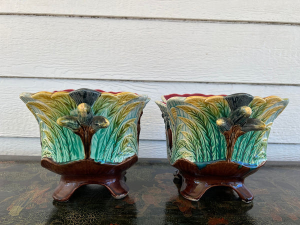 PAIR Antique French Majolica Jardinières Insect Musician Cache Pot Planter c1880