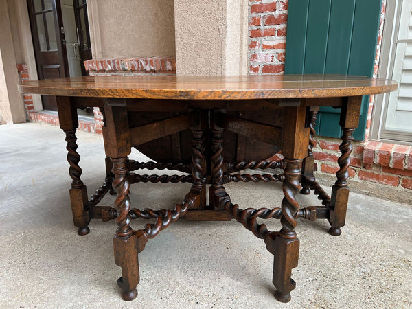 Antique English Wake Dining Table Drop Leaf BARLEY TWIST Jacobean Oak Console