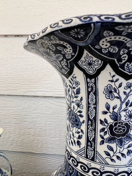 Vintage Large Delft Trumpet Vase Blue and White Floral Boch Royal Sphinx Urn