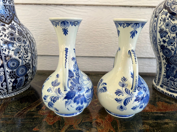 PAIR Petite Vintage Delft Vases Blue & White Windmilll Hand Painted Bud Vases