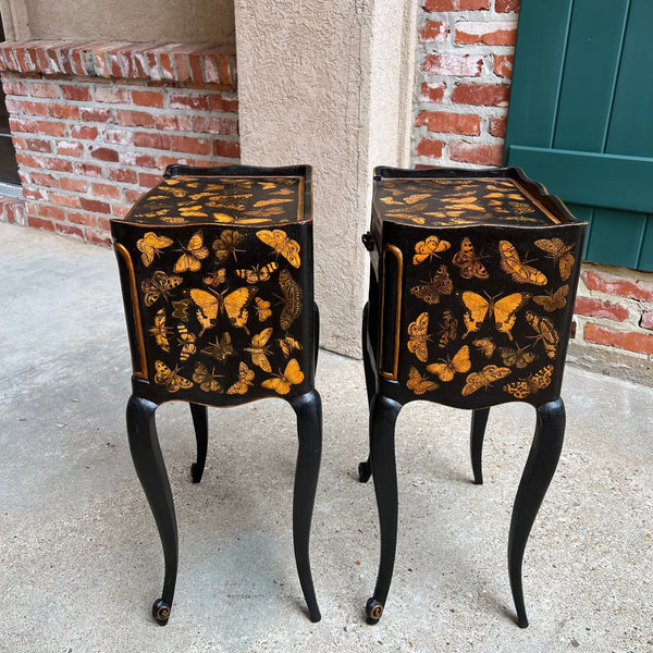 PAIR French Bedside Cabinets Chinoiserie Butterfly Gilt Lacquer Tables