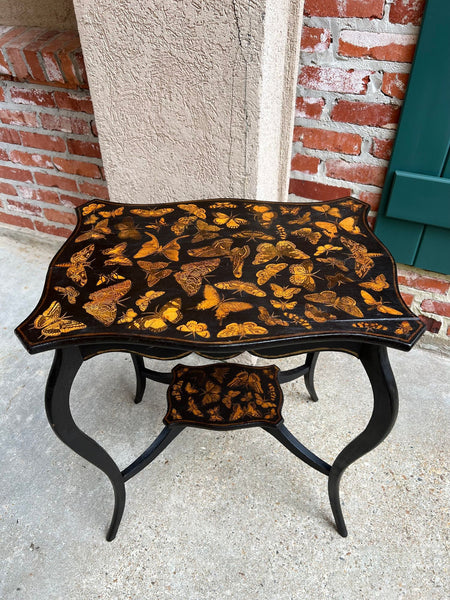 Vintage French Side Table Chinoiserie Butterfly Black Lacquer Hollywood Regency