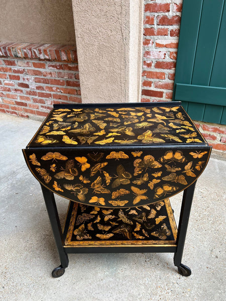 Vintage English Bar Cart Trolley Drop Leaf Chinoiserie Butterfly Lacquer Table