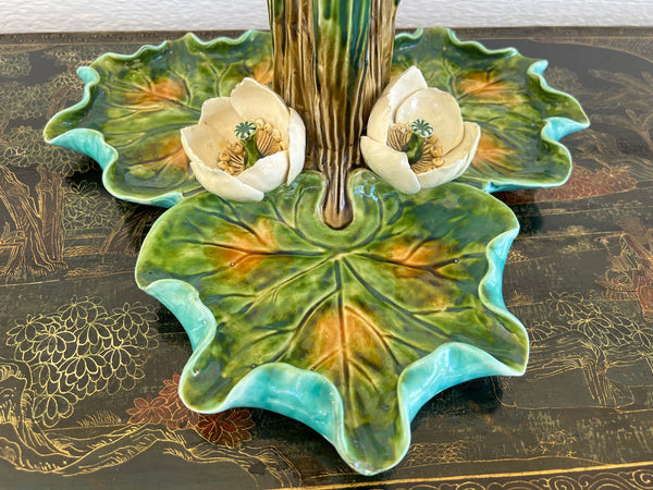 Antique French Majolica Vase Centerpiece Onnaing Art Nouveau Iris Tulip c1900