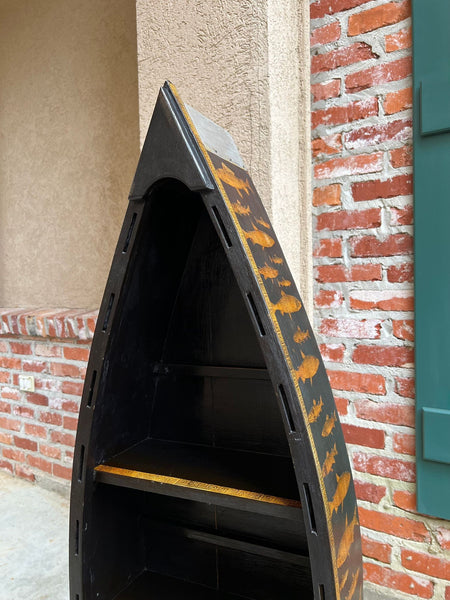 English Boat Form Etagere Black Lacquer Fish Decoupage Collection Bookshelf