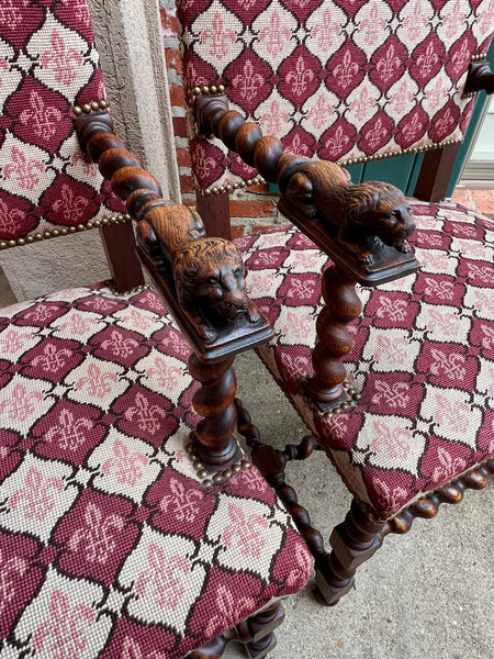 Pair SET Antique French Arm Chair Barley Twist Oak Renaissance Lion Fleur De Lis