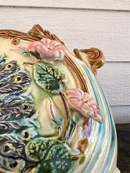 Antique French Majolica Jardinière Planter Peacock Onnaing Large Cache Pot c1880