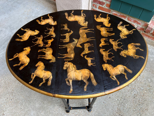 Antique English Drop Leaf Side Table Horse Equestrian Chinoiserie Petite Oak