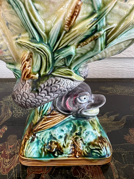 Antique Majolica Vase Bowl Dolphin Nautilus Shell English Royal Worcester c1870