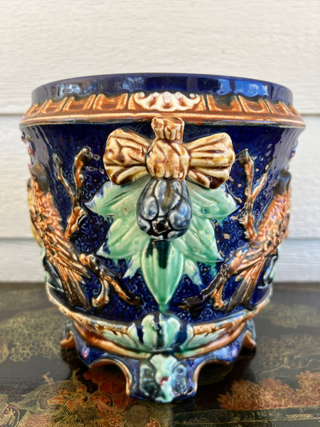 Antique Majolica Bird Planter Cache Pot Jardinière Cobalt Blue Wasmuël c1890