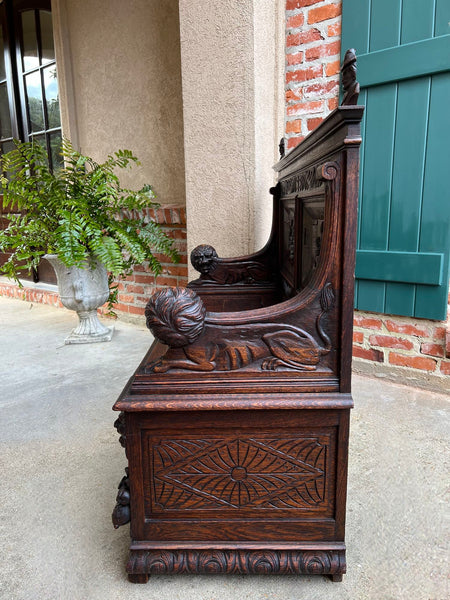 Antique French Hall Bench Breton Brittany Small Settee Carved Oak Lion Pew