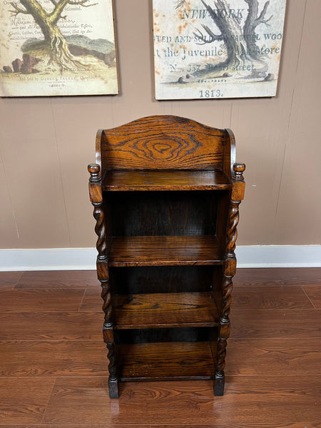 PETITE Antique English Bookcase Bookshelf Barley Twist Tiger Oak Display c1920