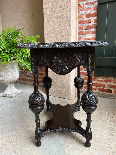 Antique English Side Sofa Table Ebonized Carved Oak Baroque Two Tier Tudor