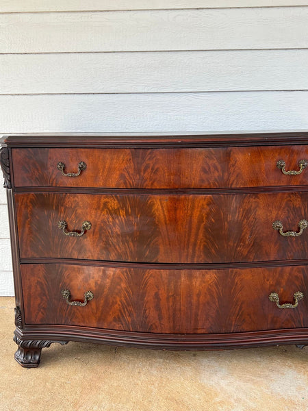 Antique Georgian Revival Chest of Drawers Flame Mahogany Serpentine Carved c1940
