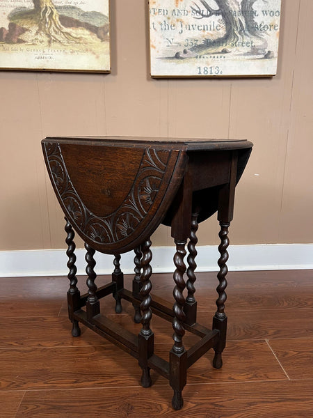 PETITE Antique English Side Sofa Table Barley Twist Drop Leaf Gateleg Carved Oak