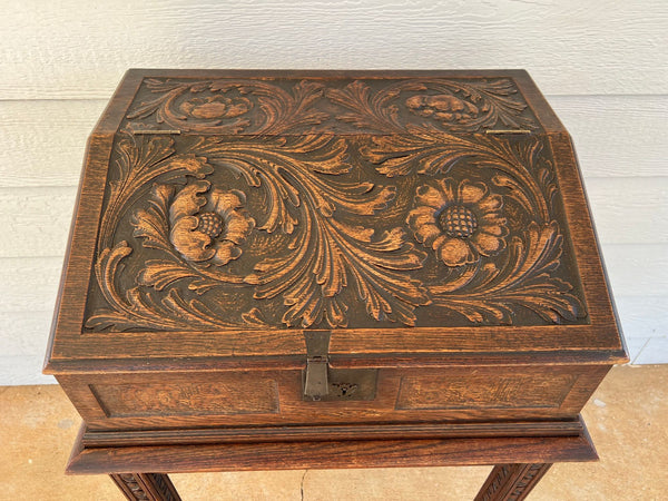 Antique English Slant Top Bible Box Desk Stand Jacobean Carved Oak Lectern c1890