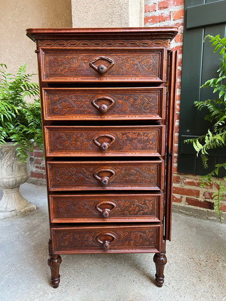 Antique English Victorian Wellington Chest of Drawers Campaign Carved Oak