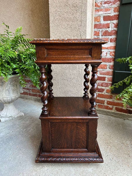 Antique French Side End Table Cabinet BARLEY TWIST Carved Oak Renaissance Marble