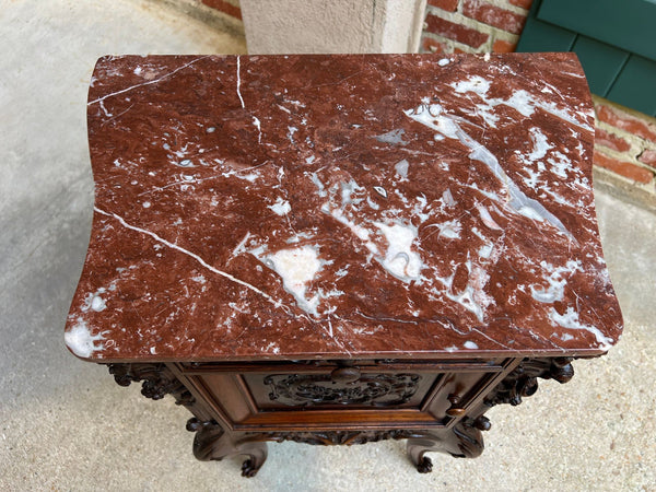 Antique French Nightstand Cabinet Marble Top Louis XV Carved Walnut c1890