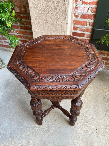 Petite Antique French Octagon Center Side TABLE Renaissance Carved Oak