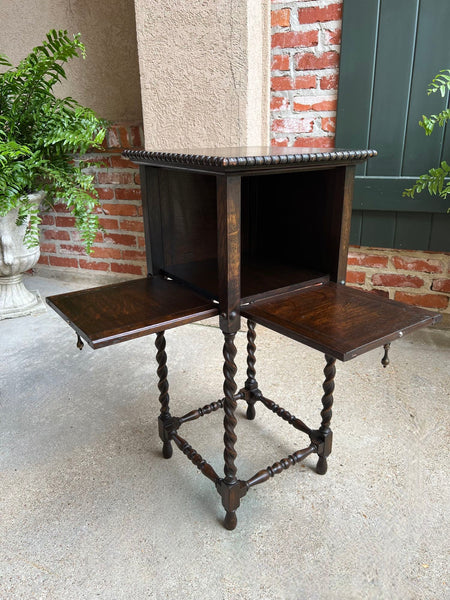 Antique English Square Table Plant Stand Jacobean BARLEY TWIST Cabinet Dark Oak