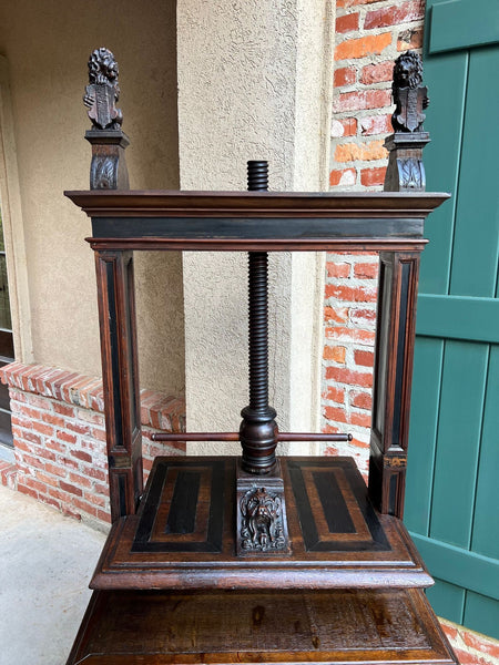 Antique English Book Press Table Renaissance Carved Oak Ebonized Cabinet c1880