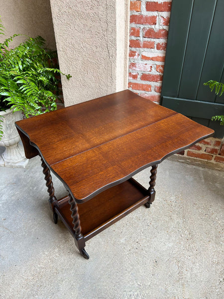 Antique English Tea Trolley Drinks Cart Barley Twist Dumbwaiter Drop Leaf Table