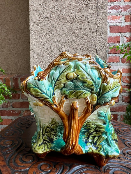 Antique French Majolica Barbotine Jardinière Hunt Stag Onnaing Cache Pot Planter