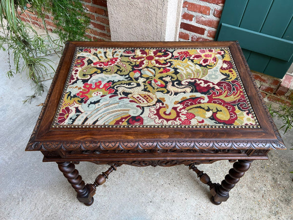 Antique French Sofa Table Writing Desk Barley Twist Carved Renaissance Tapestry