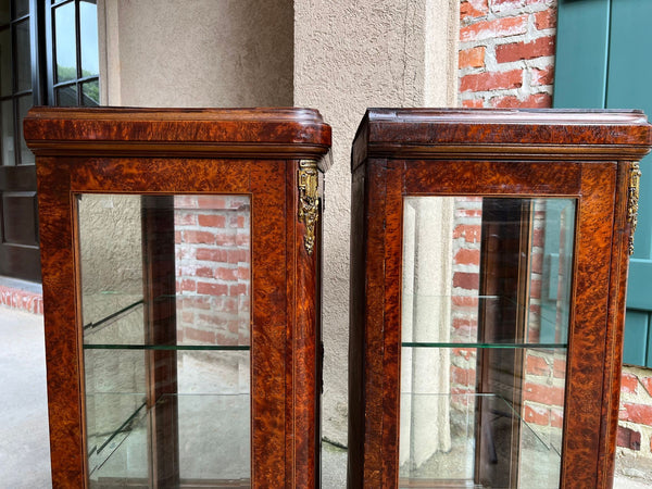 PAIR Antique French Glass Vitrine Display Cabinets Burl Mahogany Mirror c1900